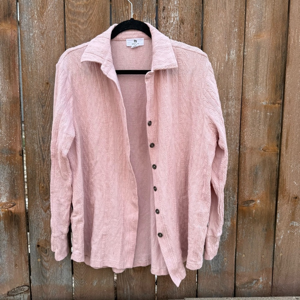 SIMPLI ZEN Women’s Pink Textured Long Sleeve Brass Button Shirt Size XL